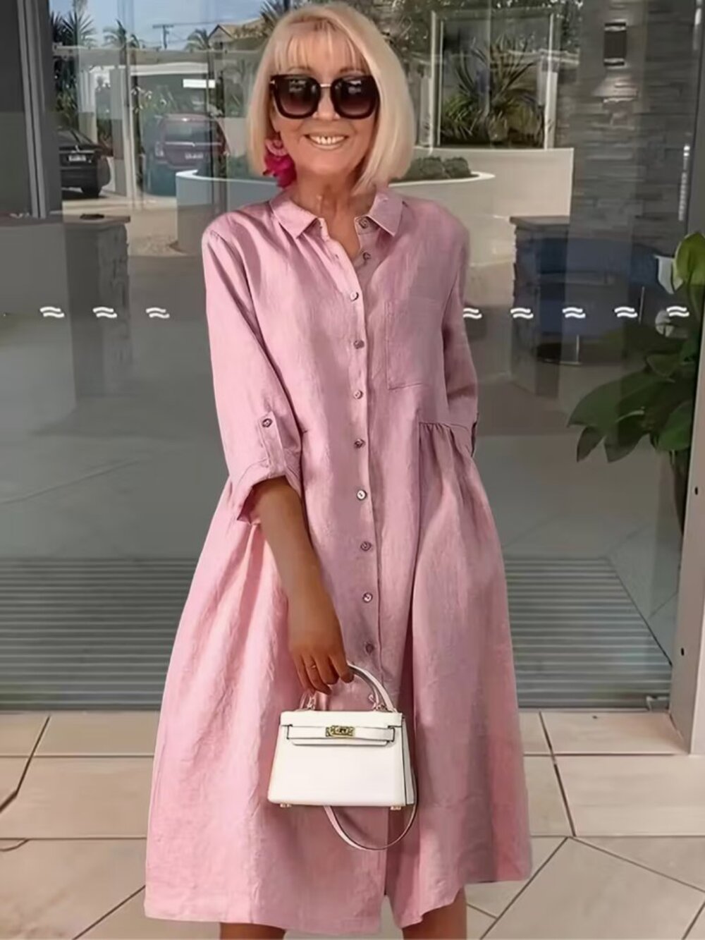 Elegant Pink Loose Shirt Midi Dress Comfortable Casual Versatile
